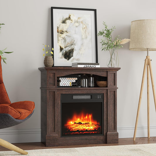 TRONLEE 32" Small Fireplace Mantel with Central Cabinet, Includes 18" Freestanding 1400W Electric Fireplace, Remote Control, Compact Design for Living Room, Study, Bedroom (Walnut)