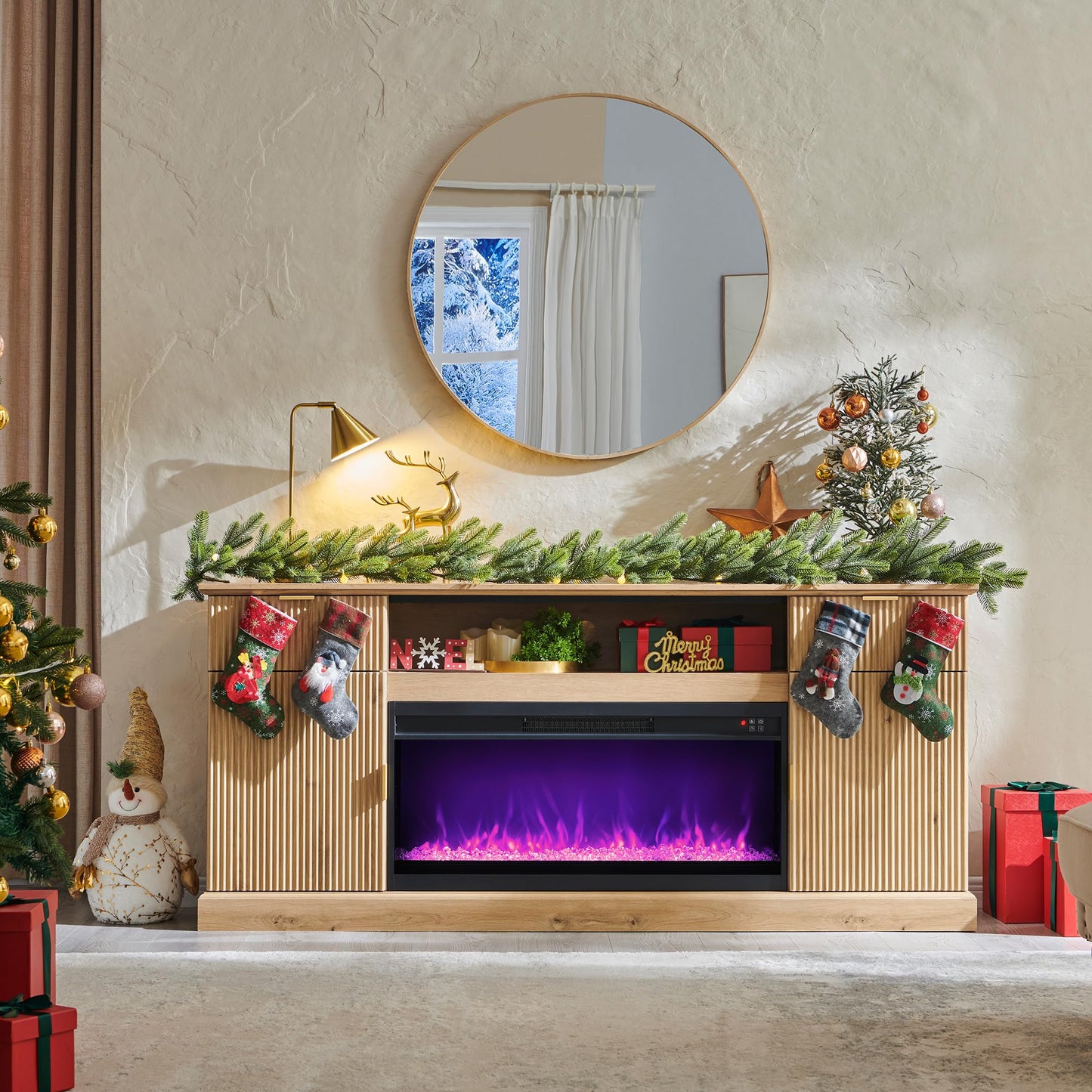 IFGET Fluted Fireplace TV Stand for TVs Up to 80 inch, Modern Entertainment Center with 36" Electric Fireplace, Wood Media Console w/Drawers and Adjustable Shelves for Living Room, Natural