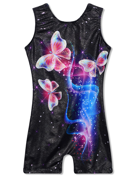 Gymnastics Leotards for Girls 6 7 Years Old Sparkle Black Butterfly 3D Print Kids Biketard Tumbling Unitard with Shorts