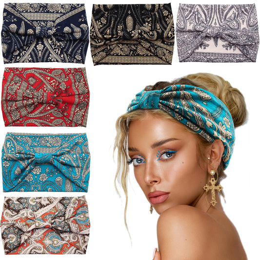 Yeshan Wide Headbands for Women Boho Knotted Head Wraps Turbans Non Slip Bandana Headbands Sport Yoga Workout Stretchy Hair bands,Pack of 6