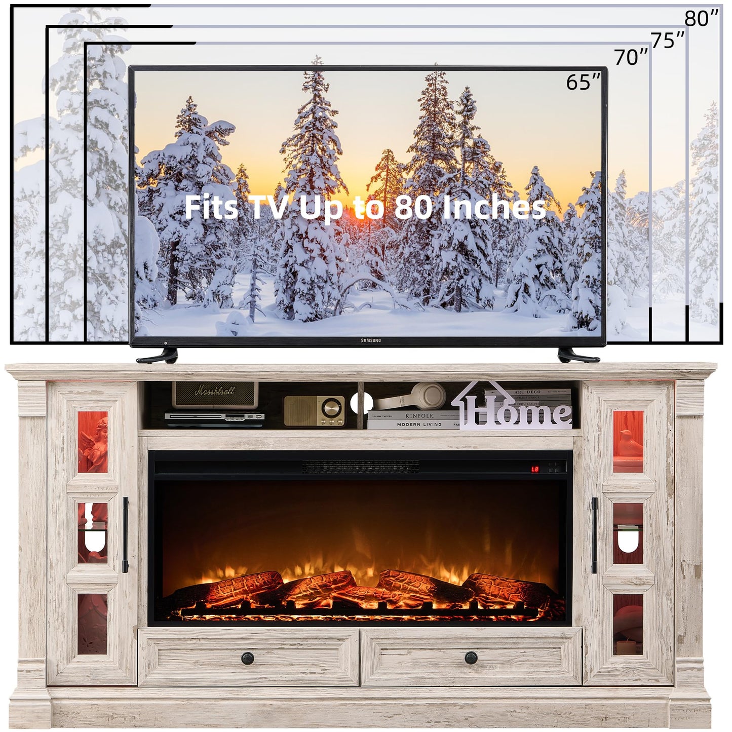 OKD Fireplace TV Stand for up-to-80 TV, Farmhouse 36" Tall Entertainment Center with 42" Electric Fireplace, Media Console with Glass Door Cabinets & Drawers for Living Room, Antique Brush White
