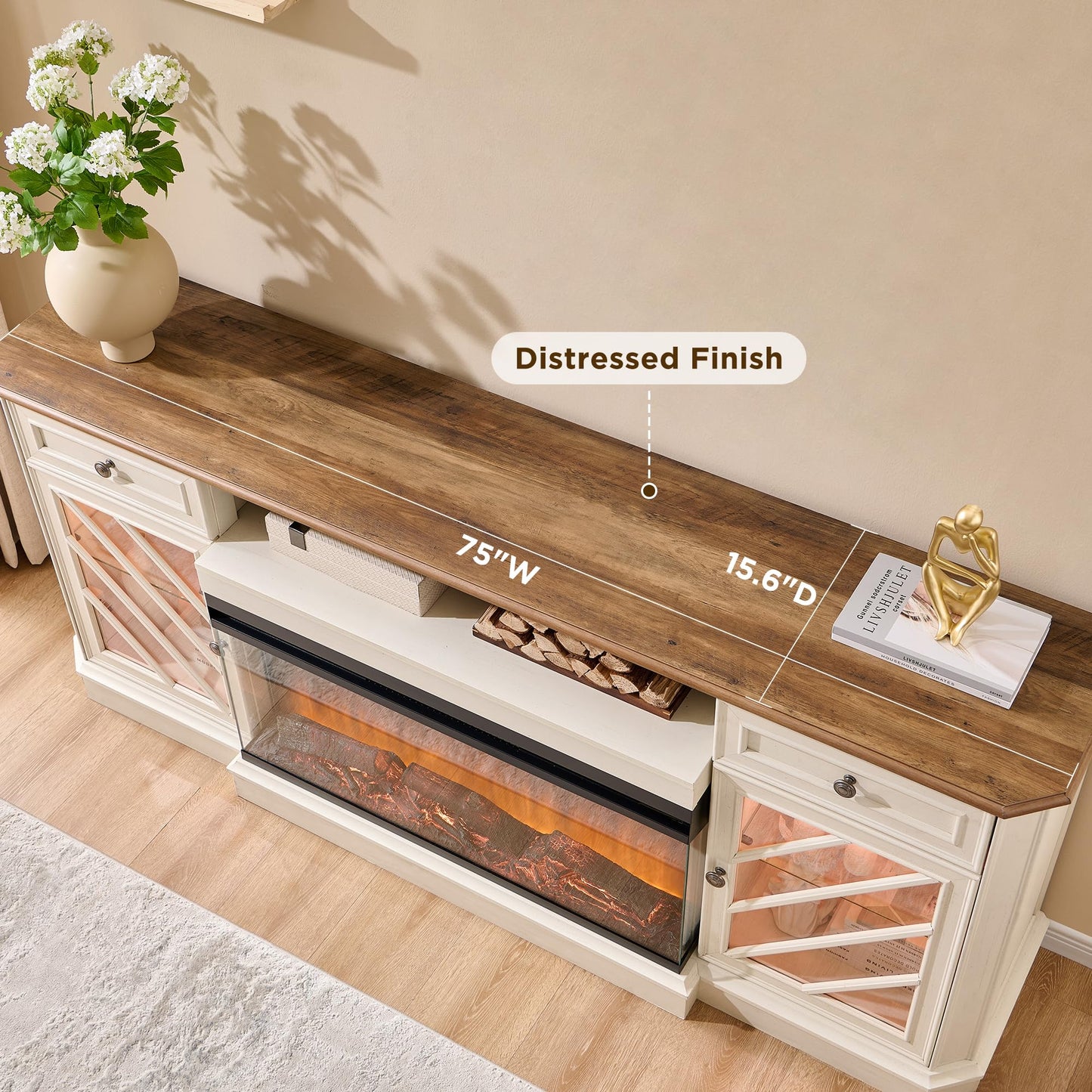 OKD 75 Inch 3-Sided Electric Fireplace TV Stand for TVs up to 85'',Modern Highboy Entertainment Center with 36" Fireplace & LED Lights,Widen Drawers and Glass Door Storage Cabinet, Antique White