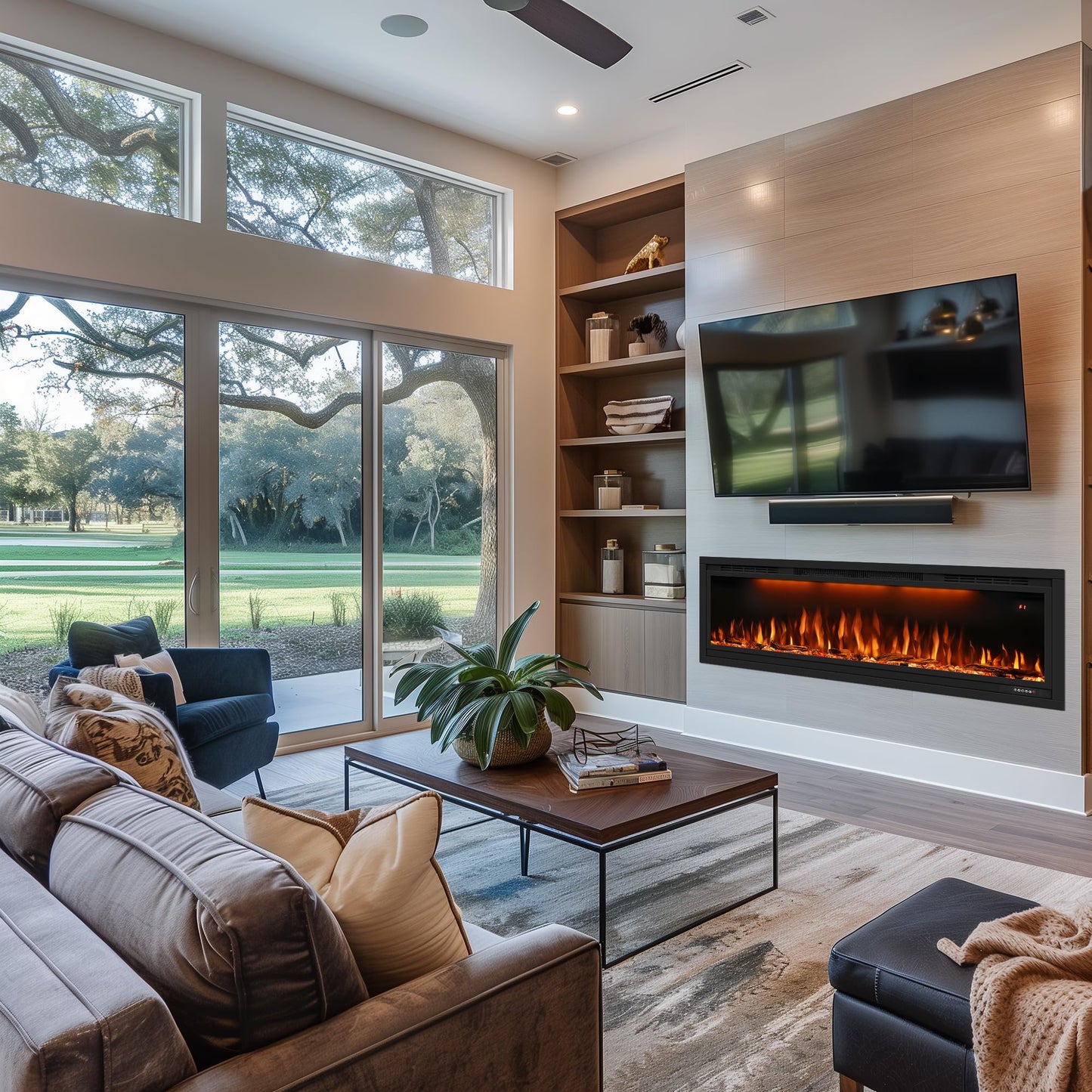 60 inch Smart Linear Electric Fireplace, Recessed and Wall Mounted Fireplace Inserts with Remote Control, Adjustable Flame Color, Lights, Temperature, Overheating Protection& Timer, 750W/1500W, Black