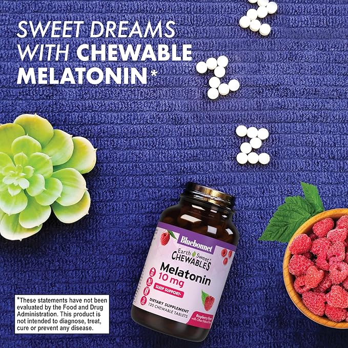BlueBonnet Nutrition EarthSweet Melatonin 10 mg Fast-Acting Quick Dissolve Nighttime Relaxation & Restful Sleep Support - Sleep Aid - Gluten-Free, Vegan - Raspberry Flavor - 60 Chewable Tablets
