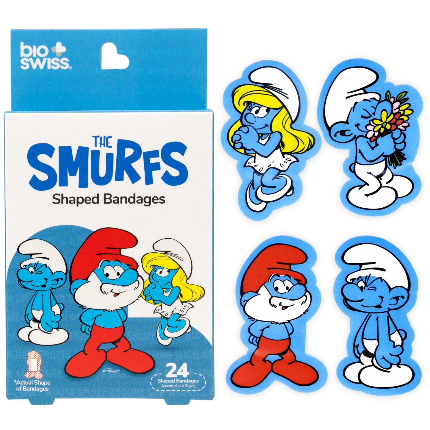BioSwiss Bandages, The Smurfs Classic Shaped Self Adhesive Bandage, Latex Free Sterile Wound Care, First Aid Supplies for Kids and Adults, 24 Count