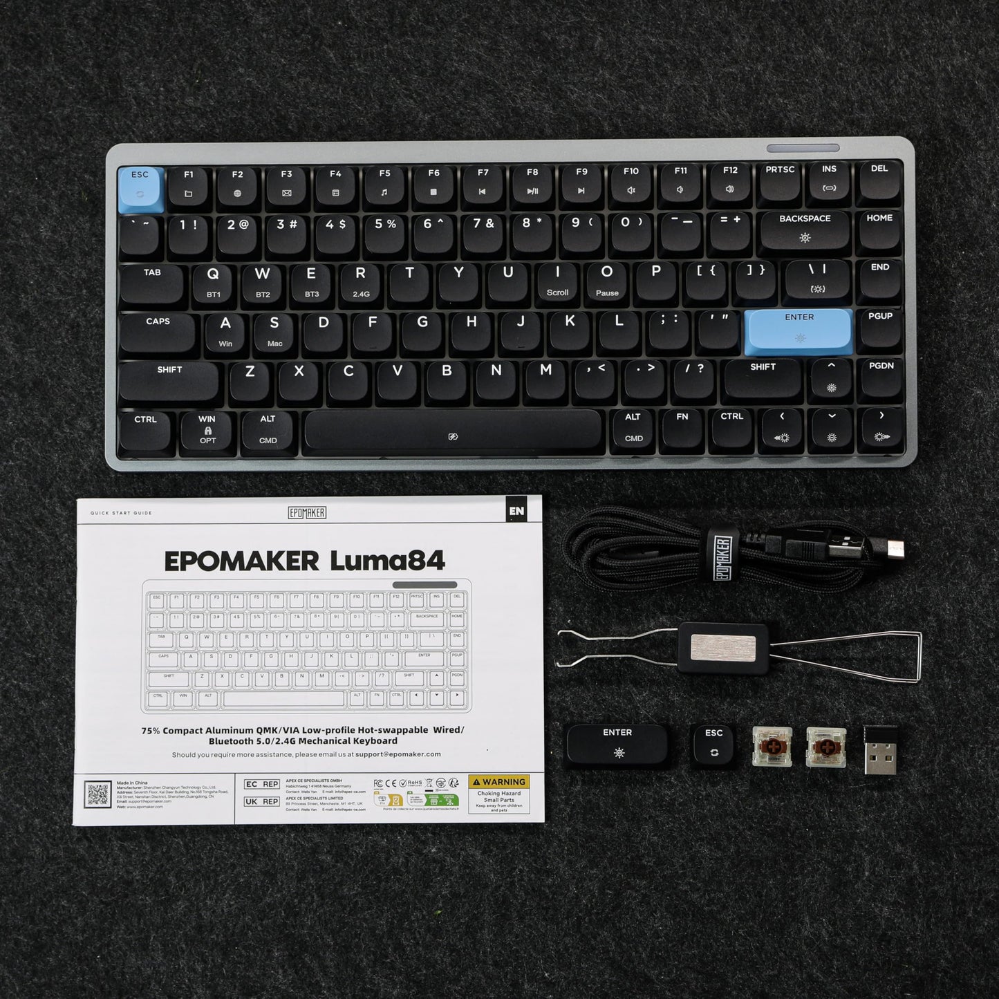 EPOMAKER Luma84 Low Profile Aluminum Mechanical Keyboard, QMK/VIA Programmable, Tri-Mode Wireless, Win/MAC/Linux Compatible, RGB Backlight (Black&Blue, Gateron Low-Profile Red Switch)
