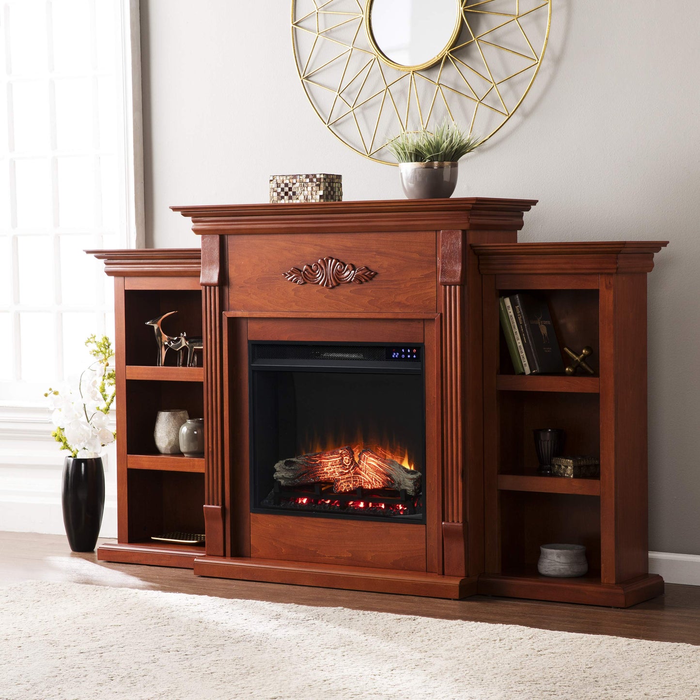 SEI Furniture Tennyson Electric Fireplace with Bookcases, New Mahogany