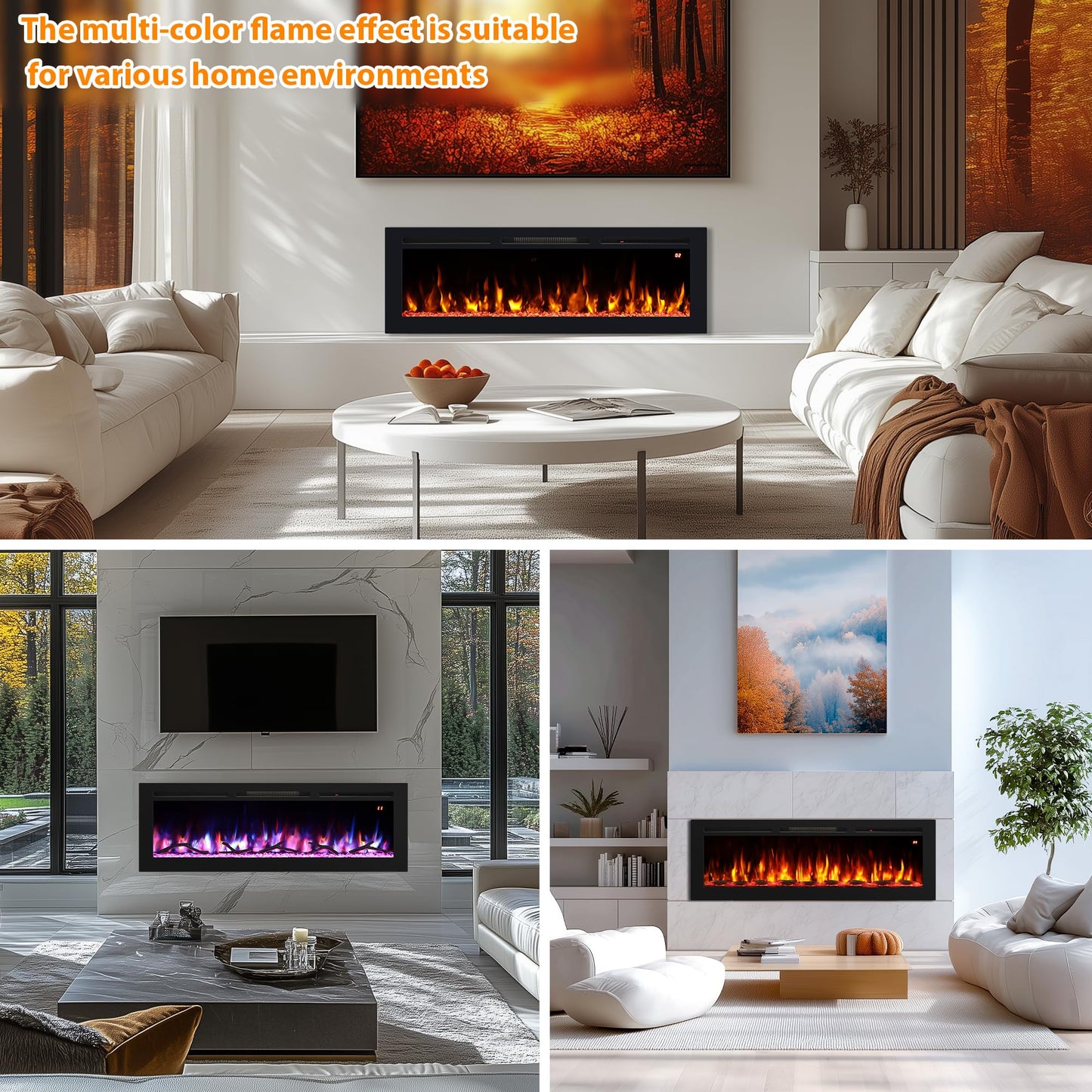 Oxhark Flame 54 Inches Electric Fireplace, Freestanding & Wall Mounted & Recessed, Electric Fireplace Heater with Remote Control, 196 Flame Combinations, 6 Levels Brightness, Timer, Black, 1500W/750W