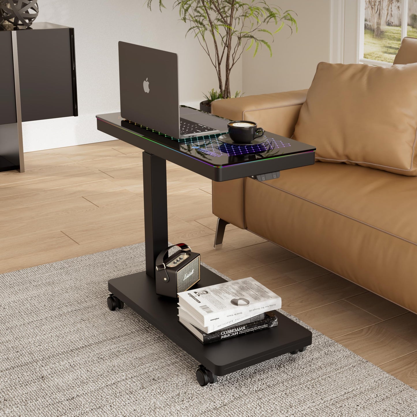 EUREKA ERGONOMIC Height Adjustable Computer Tower Stand, Illuminated Glass Panel PC Stand w/RGB Lights, 2-Tier CPU Holder Cart Under Desk, PC Floor Stand for Office Gaming, APP Control