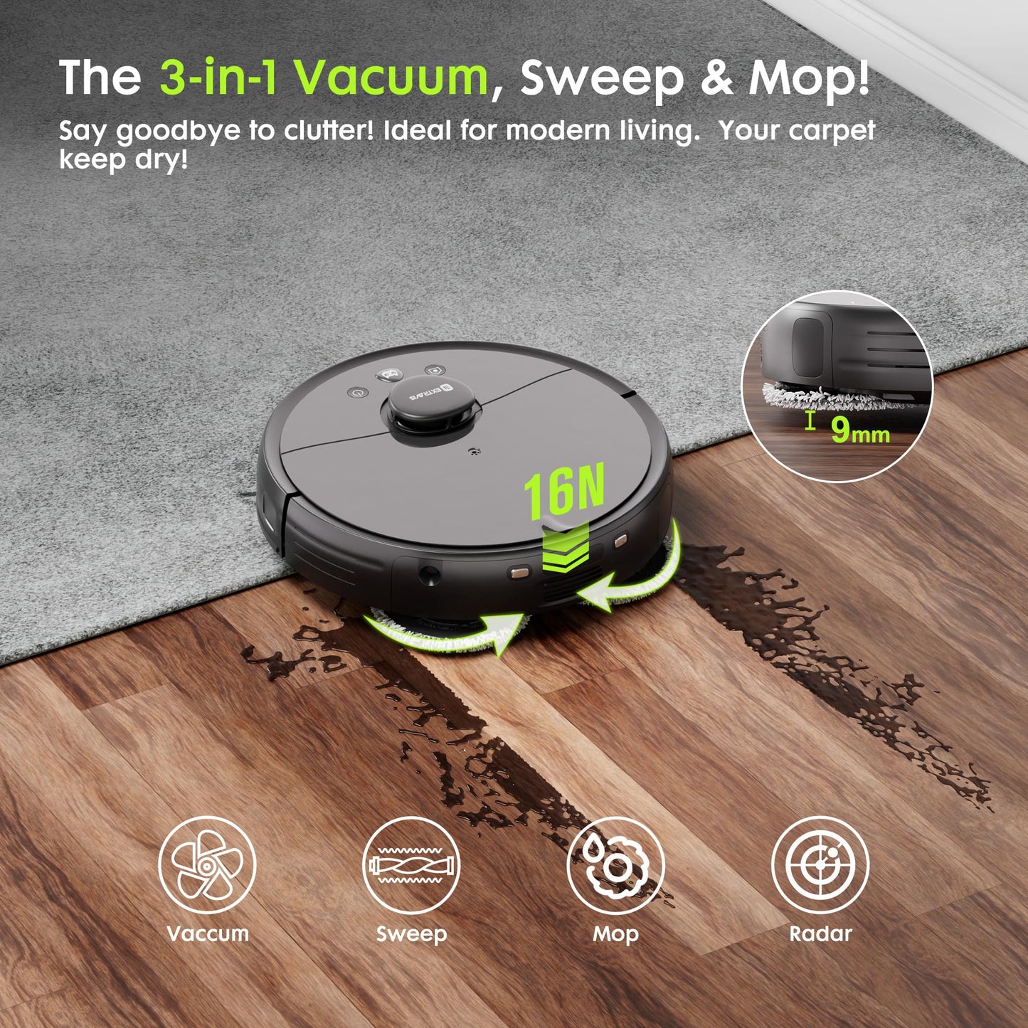 Robot Vacuum and Mop, V5 8500Pa Suction with Self-Emptying Dock, Pet Hair Tangle Cutter™, 75-Day Capacity, Cat Laser, Auto Lifting Mop, Robotic Vacuum Cleaner for Pet Hair, Hard Floors, Tile, Carpet