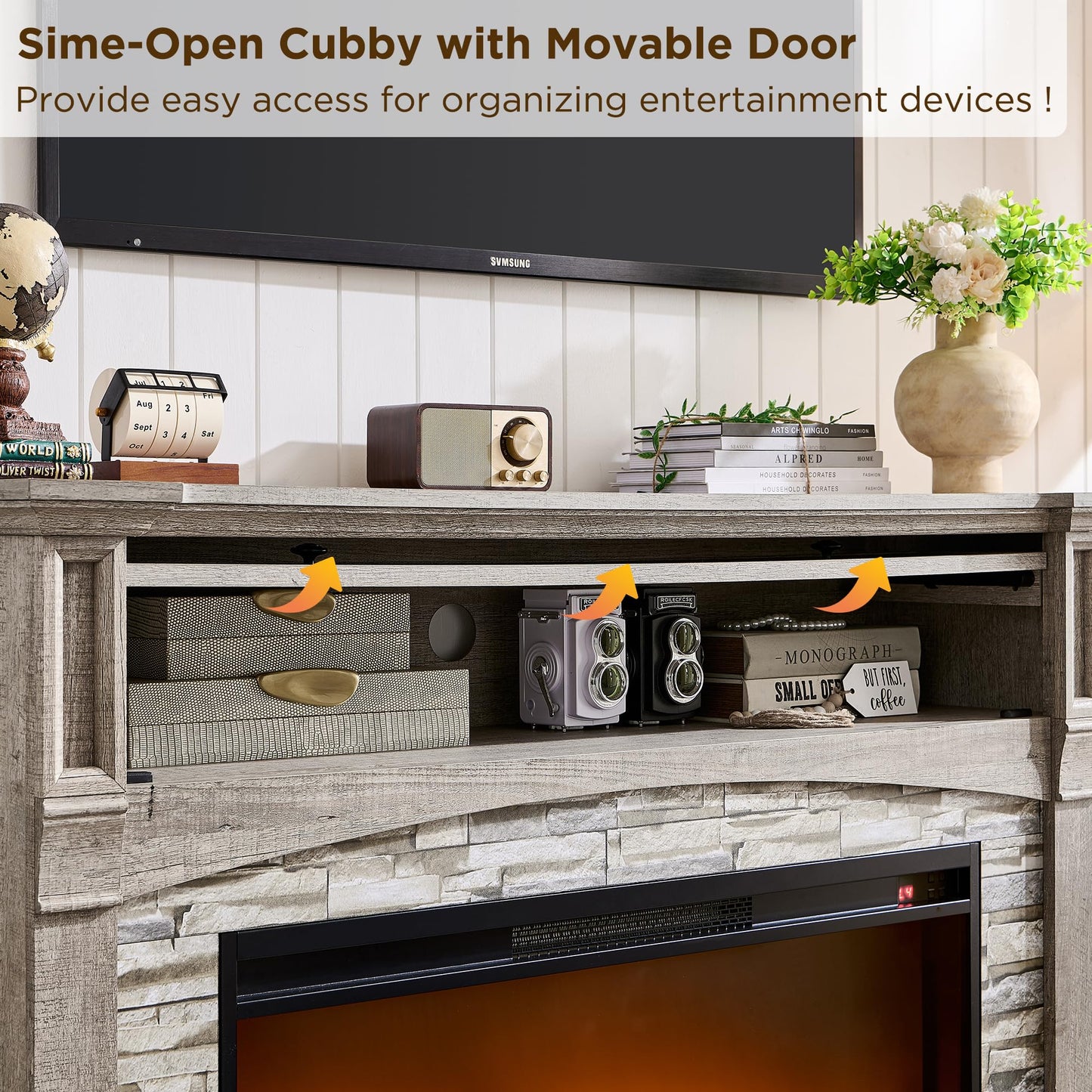 OKD 52" Farmhouse Electric Fireplace with Mantel, Tall Fireplace TV Stand w/Sime-Open Cubby, 36" Freestanding Electric Fireplace Heater,Remote Control, Adjustable 3D Realistic Flame
