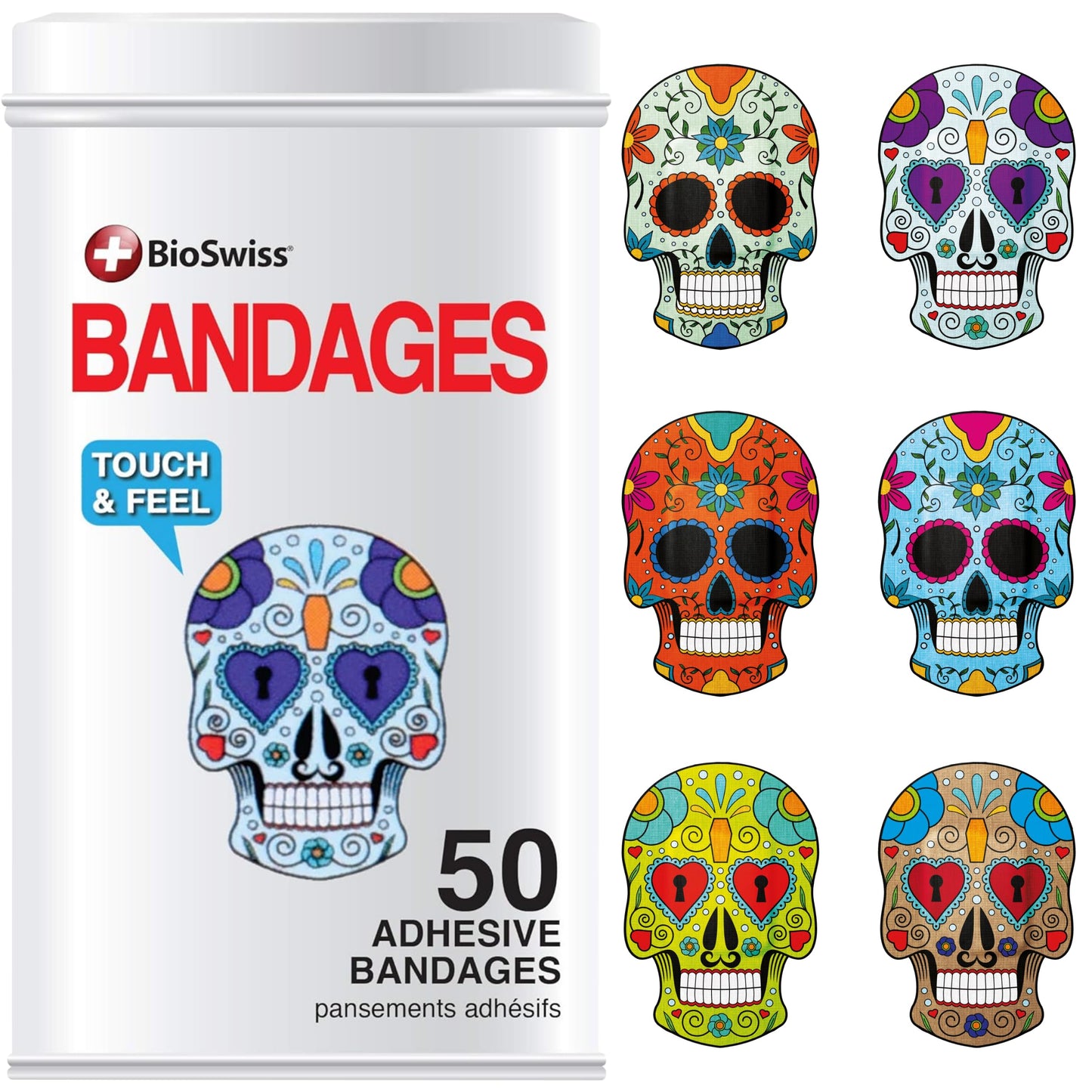 BioSwiss Bandages, Skulls Shaped Self Adhesive Bandage, Latex Free Sterile Wound Care, Fun First Aid Kit Supplies for Kids, 50 Count