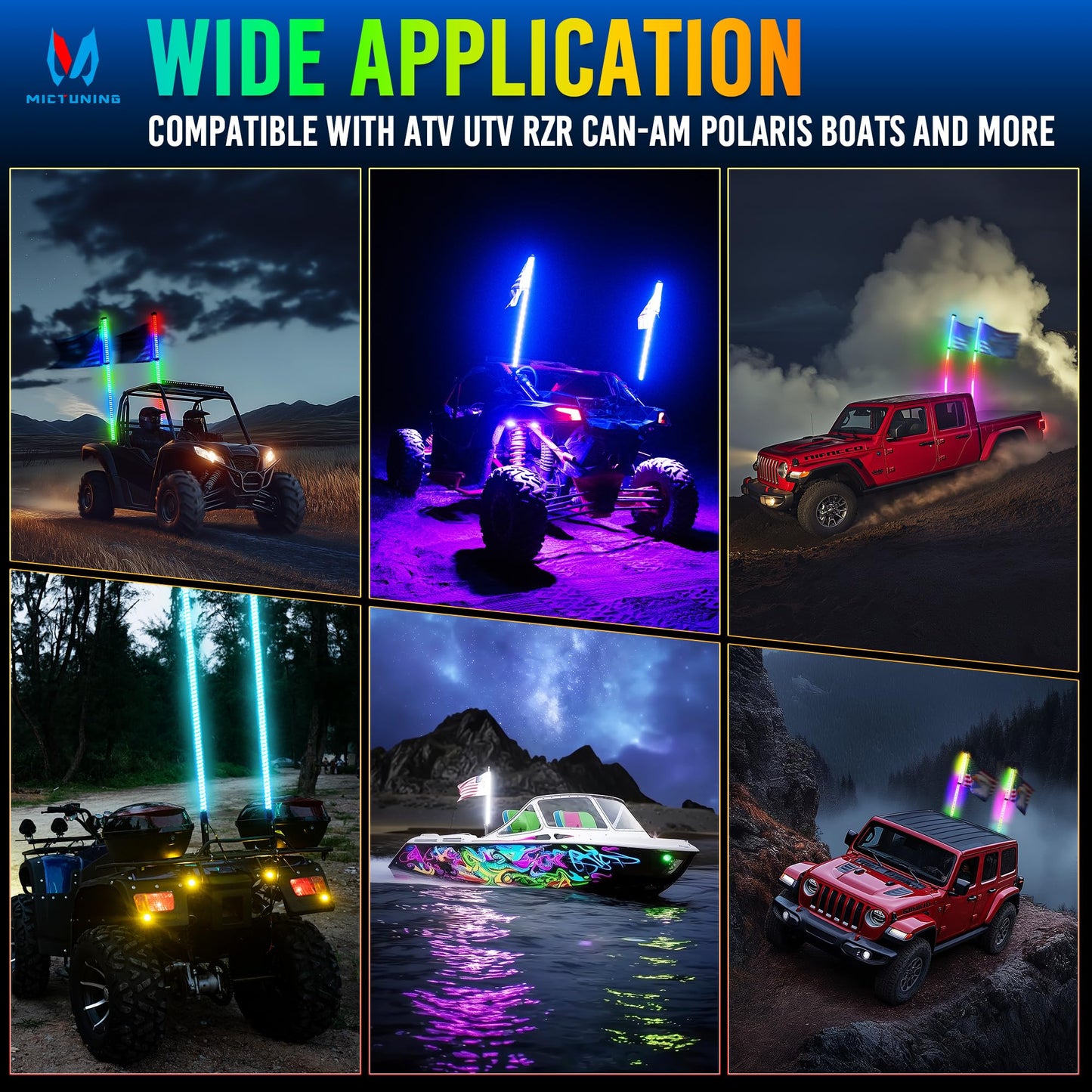 MICTUNING 2 Pack 4ft COB Whip Lights 360° Spring Base with 8 Flags, Remote Control, Rocker Switch RGB+IC Chasing/Dancing Light for ATV UTV RZR Can-Am