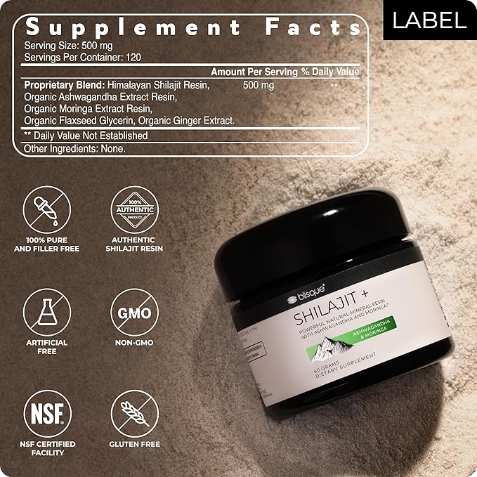 Blisque - Pure Himalayan Organic Shilajit Resin Supplement | with Organic Ashwagandha and Moringa | Authentic and Natural | Golden Grade A | Contains Fulvic Acid and Trace Minerals | 60 Grams