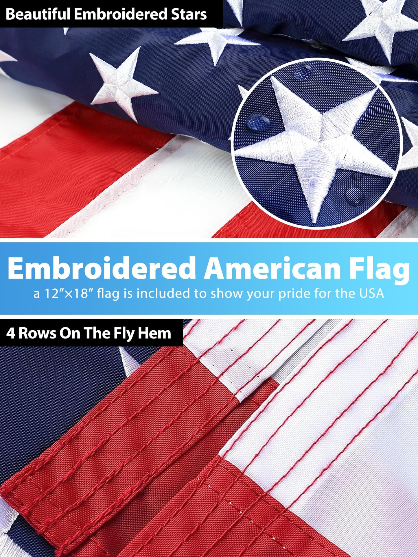 Boat Flag Pole, Pontoon Boat Accessories Flag Pole Kit with 12”x18” American Flag, 45 in Flag Pole, Holder Mount for 0.5"-1.1" Rails, Tangle Free Rings, Metal Black Marine Flags Pole for Yacht, 2 Pack