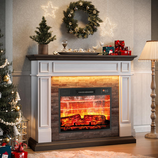44" Electric Fireplace Mantel, LED Farmhouse TV Stand with Electric Fireplace Heater, Stacked Stone Surround and Remote Control 3D Realistic Flame, White Fireplace for Living Room Bedroom