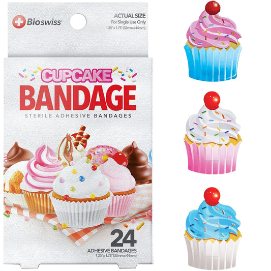 BioSwiss Bandages, Cupcake Shaped Self Adhesive Bandage, Latex Free Sterile Wound Care, Fun First Aid Kit Supplies for Kids, 24 Count