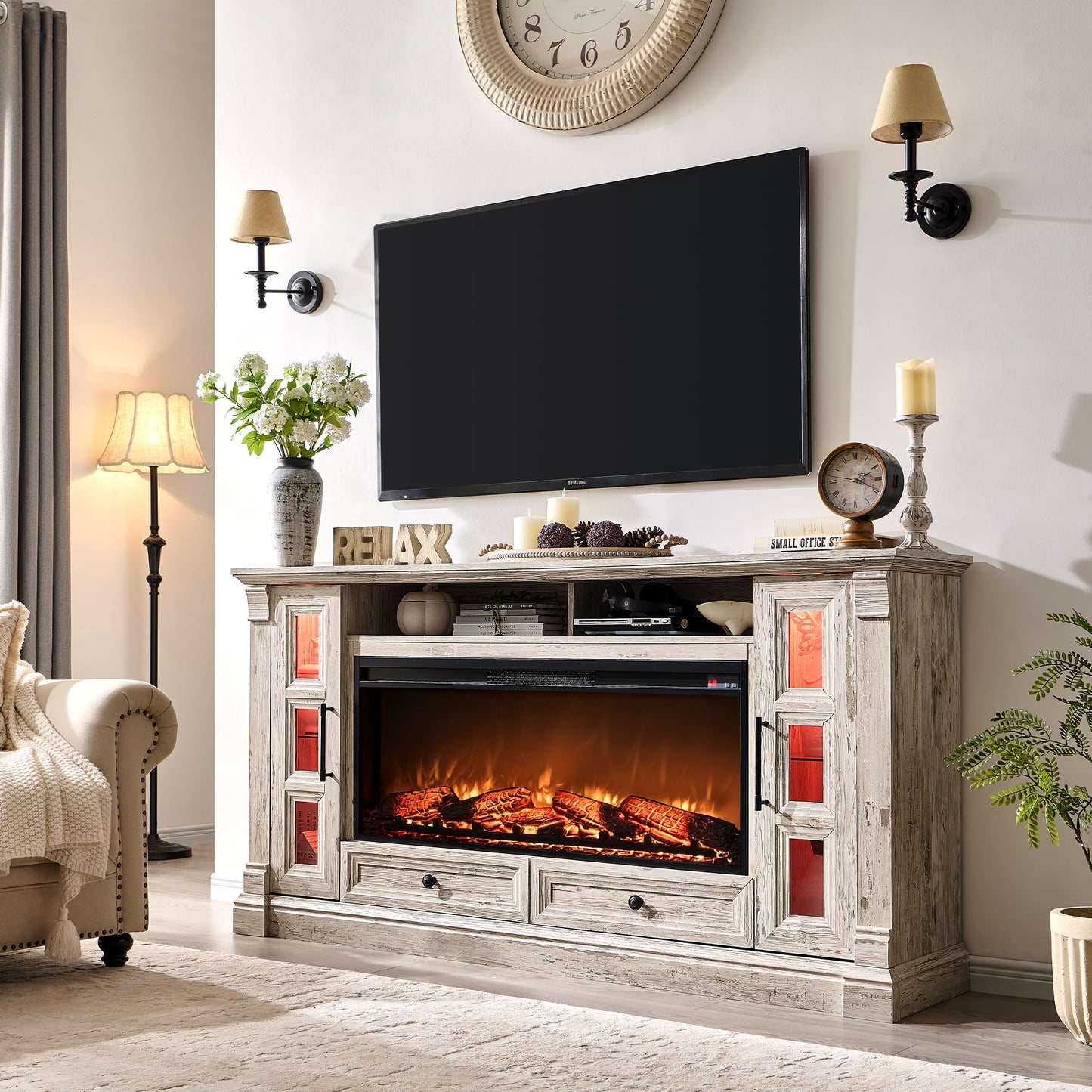 OKD Farmhouse Entertainment Center with Fireplace, 70" TV Stand with 42" Electric Fireplace, TV Cabinet for up-to-80 TV with Glass Doors & Drawers for Living Room, Antique Brush White