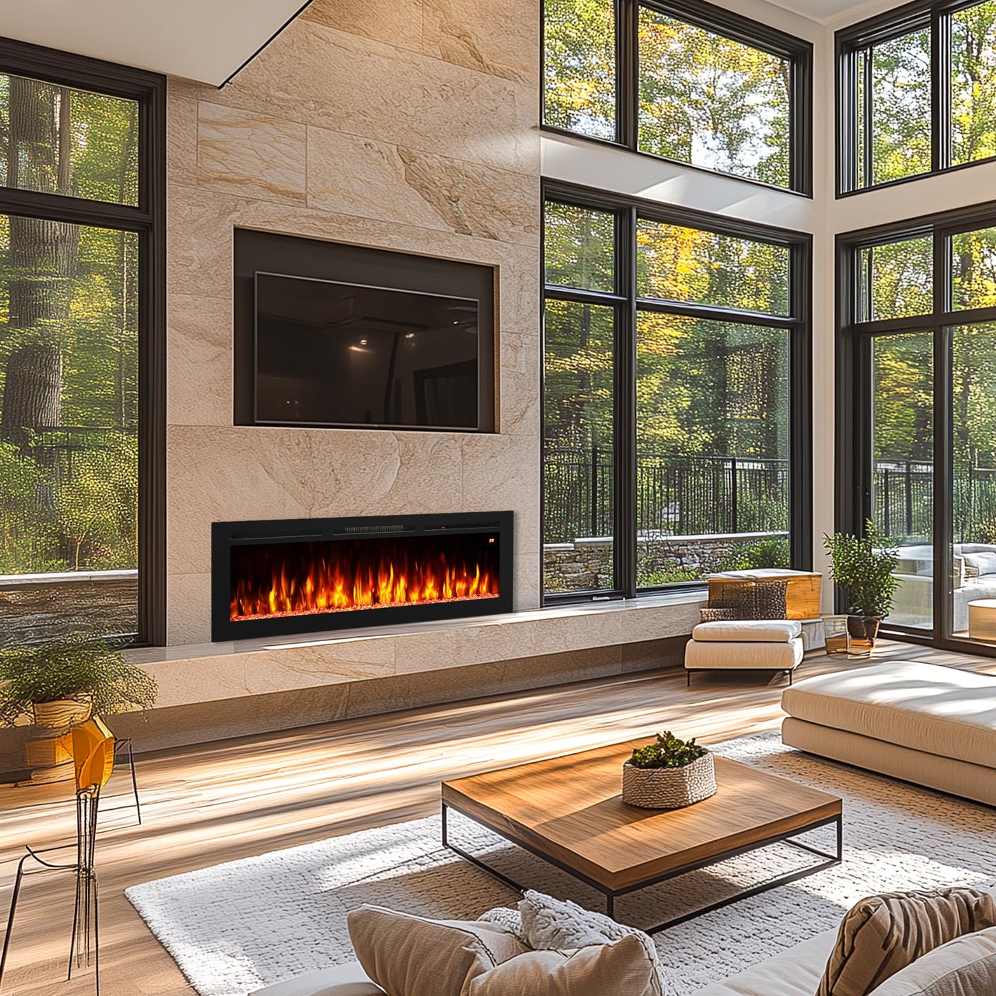 Oxhark Flame 54 Inches Electric Fireplace, Freestanding & Wall Mounted & Recessed, Electric Fireplace Heater with Remote Control, 196 Flame Combinations, 6 Levels Brightness, Timer, Black, 1500W/750W