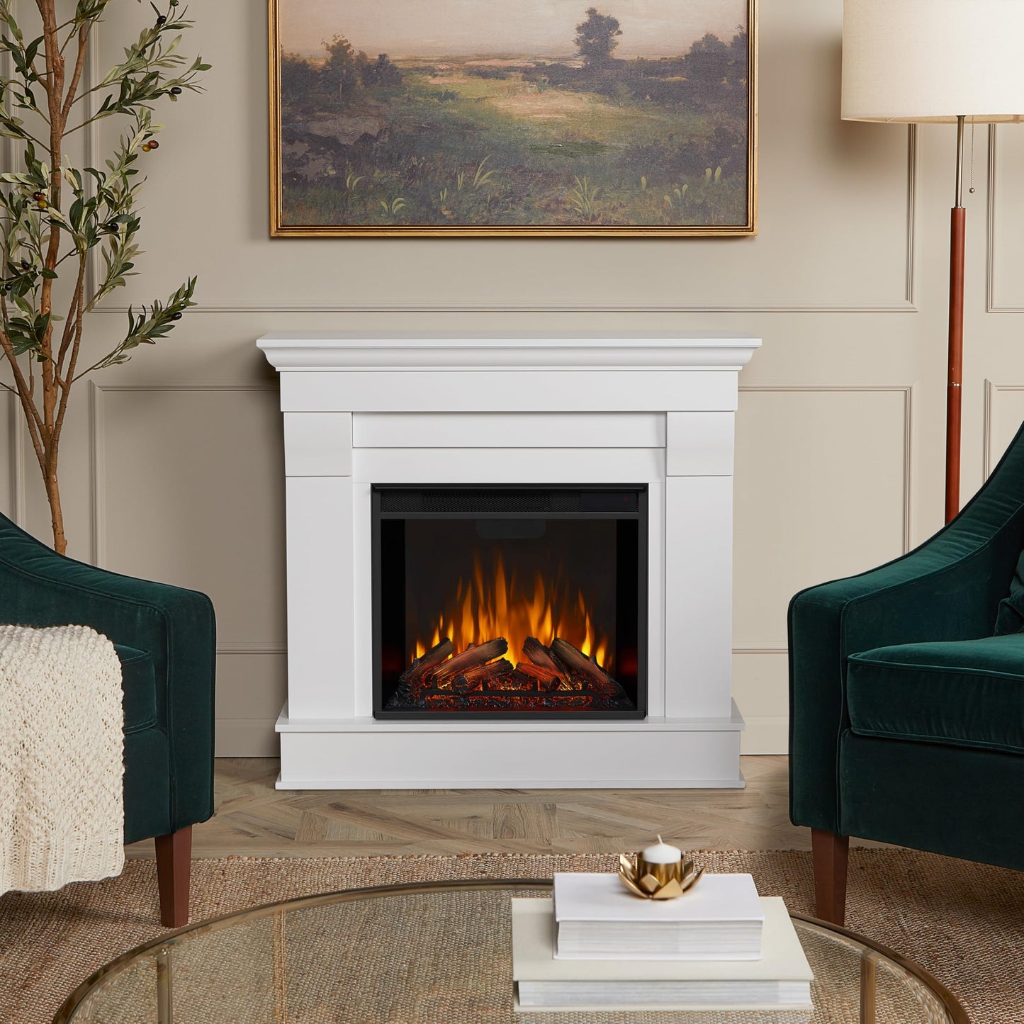 Real Flame Chateau 41” Electric Fireplace with Mantel for Living Room or Bedroom, Replaceable Fireplace Insert Heater, Realistic Log and Flame Effect, Remote Control, Timer