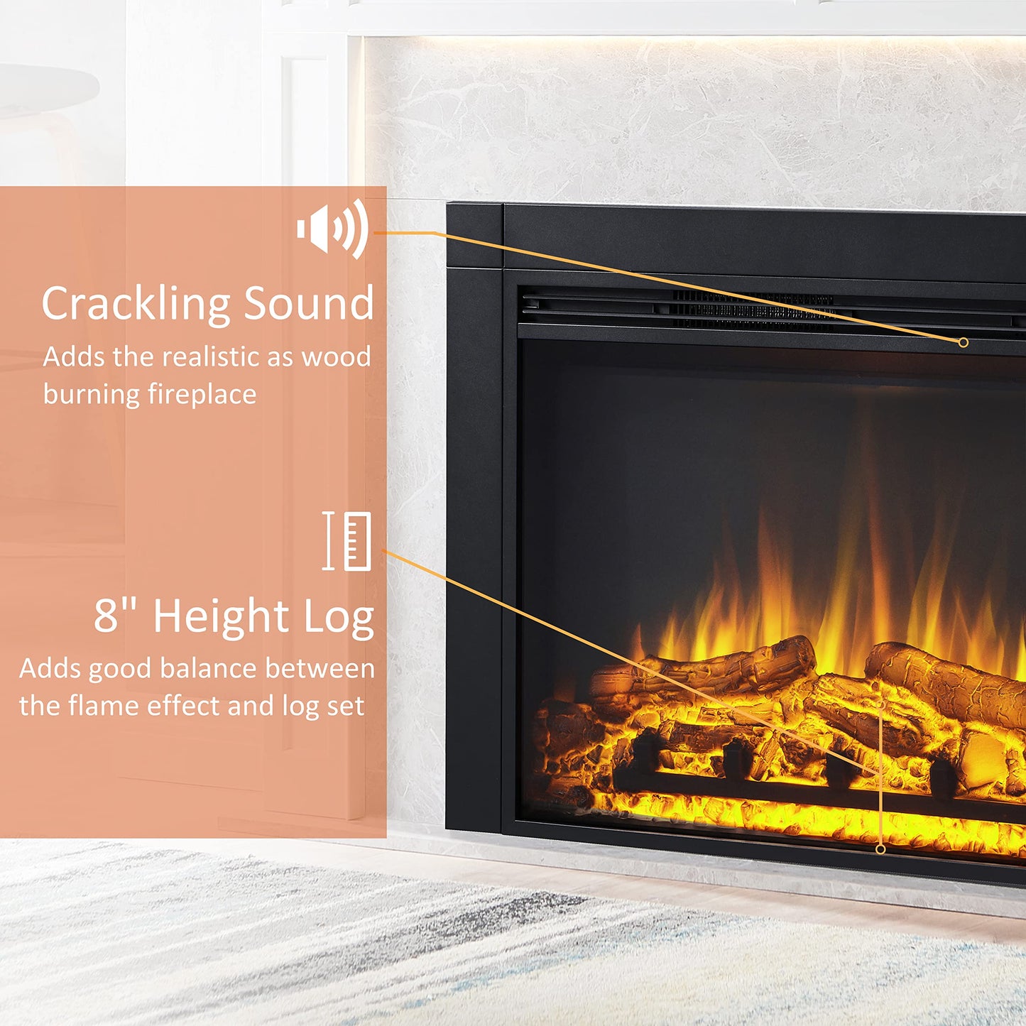 LegendFlame Jaden 36" W x 26" H (EF443) Electric Fireplace Insert with Front Trim Kit, Fire Crackling Sound, 750W/1500W Heater, Remote Control