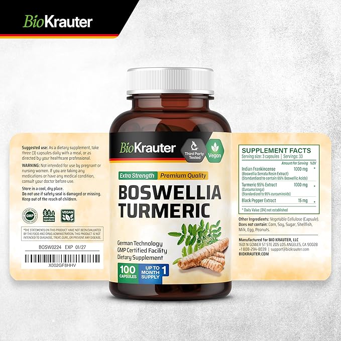 BIO KRAUTER Turmeric Supplement with Boswellia Extract Capsules - 2000 mg Blend - 100 Count - Vegan Boswellia Turmeric (Curcumin) - Formula w/Black Pepper