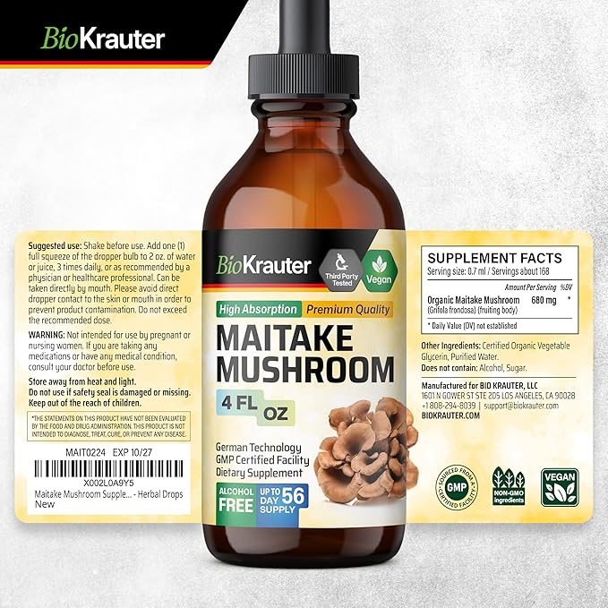 BIO KRAUTER Maitake Mushroom Extract - Maitake Liquid Supplement for Immune Support - 680 mg per Serving - Vegan, Alcohol & Sugar Free Drops 4 Fl.Oz.