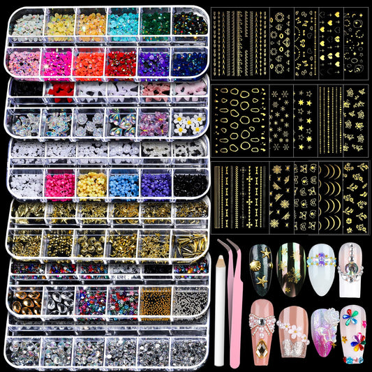 Teenitor Nail Charms Nail Art Kit with 15 Sheets Gold Nail Stickers, 6 Boxes of Nail Gems Nail Art Tools Nail Rhinestones for Nails, Nail Supplies 3D Nail Charms and Gems Nail Decals Nail Pearls