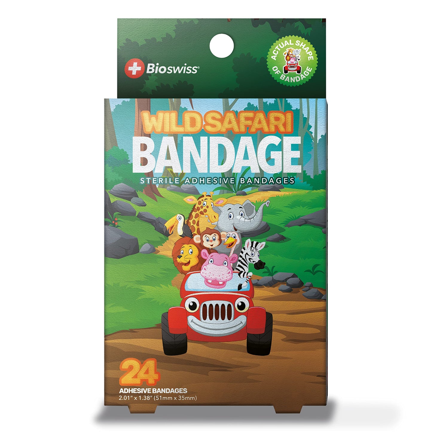 BioSwiss Bandages, Wild Safari Animals Shaped Self Adhesive Bandage, Latex Free Sterile Wound Care, 24 Count