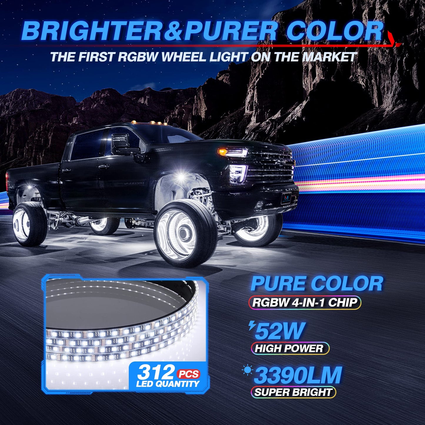 MICTUNING 17.5" V1 RGBW LED Wheel Lights Kit with APP Control & Music Sync Turn Signal, Brake Function, Pure Colors Neon Wheel Rim Lights for Trucks, SUVs, Cars (4PCS, Single Row)