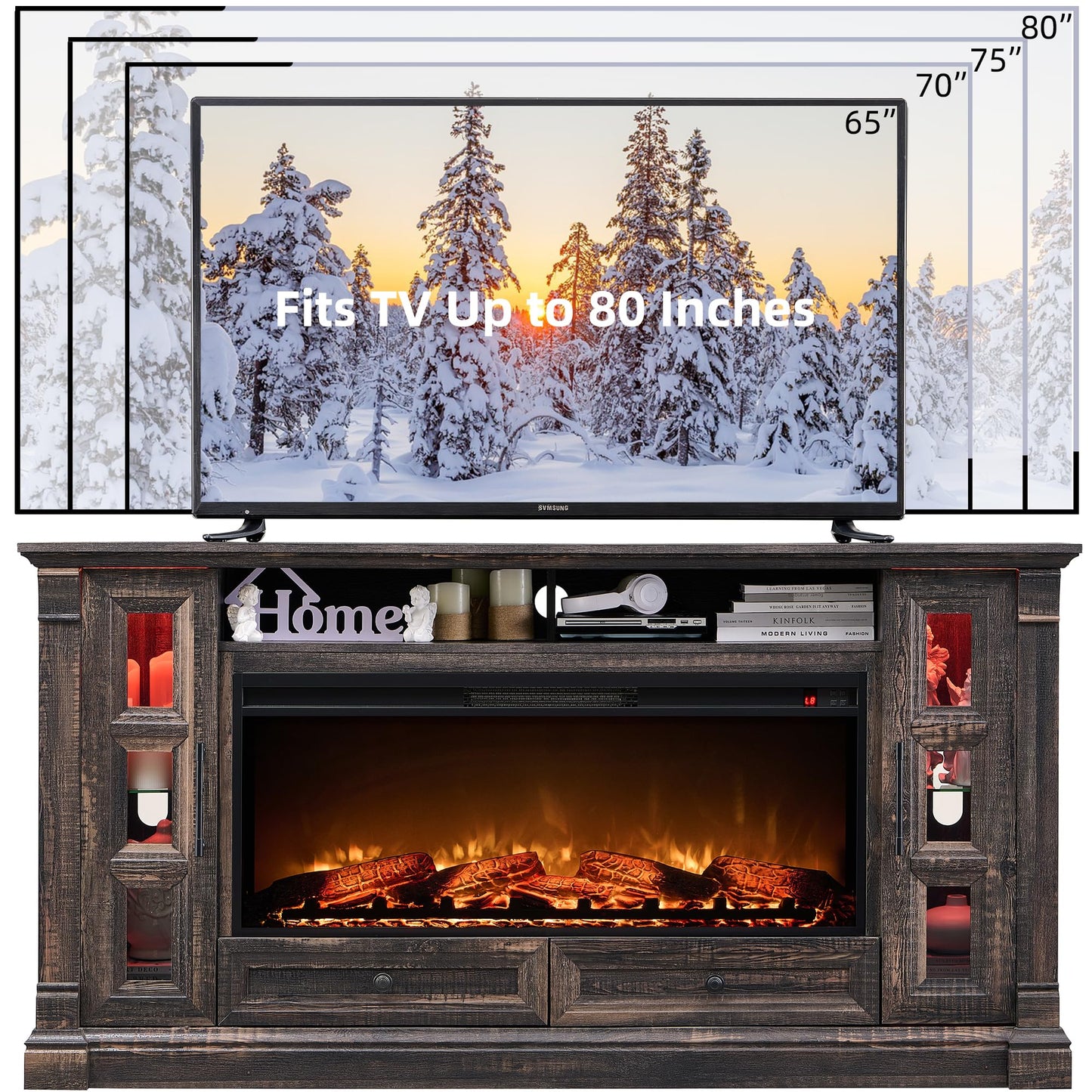 OKD TV Stand with Fireplace for up-to-80 TV, Farmhouse 72" Entertainment Center with 42" Electric Fireplace, TV Console with Glass Door Cabinets & Drawers for Living Room, Dark Rustic Oak
