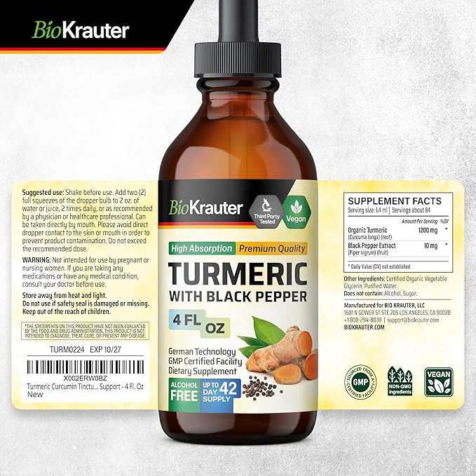 BIO KRAUTER Turmeric Supplement Tincture - 1200 mg Turmeric Curcumin with Black Pepper Extract - Alcohol and Sugar Free - Vegan Drops 4 Fl.Oz.