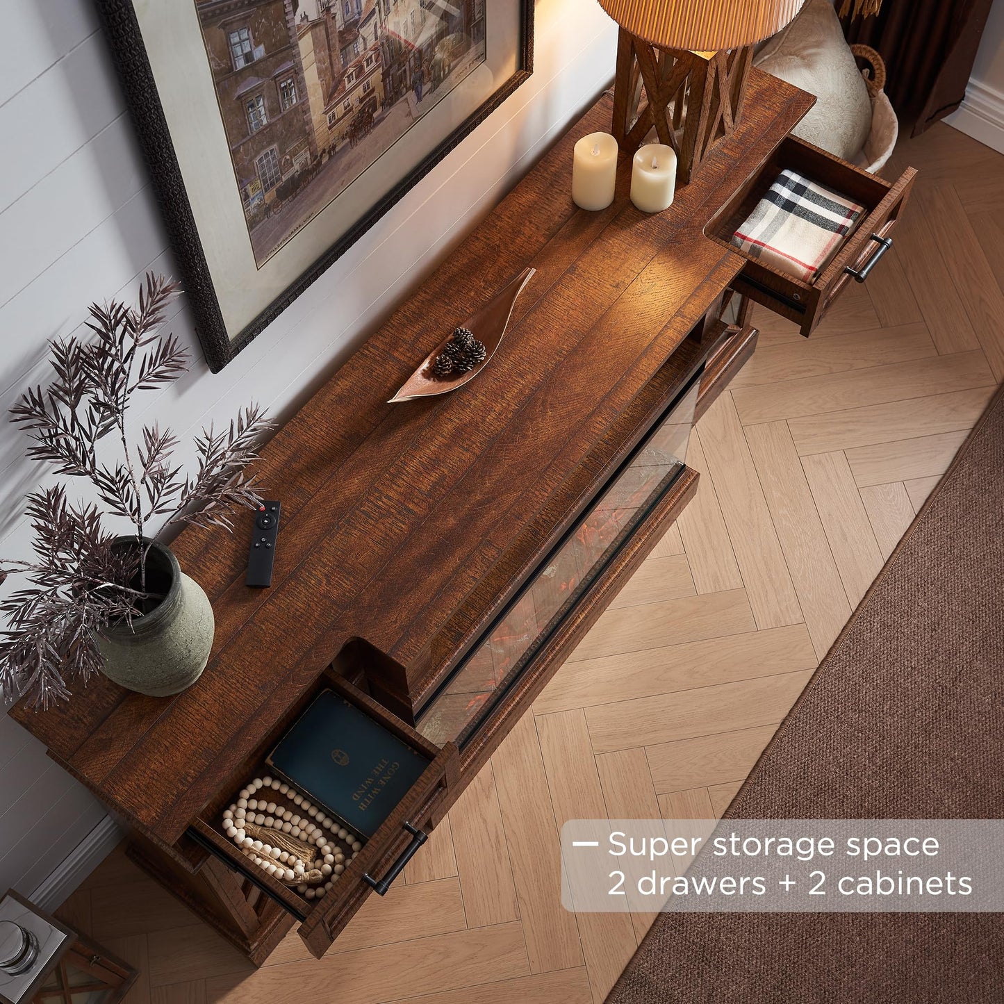 OKD 3-Sided Glass Farmhouse Fireplace TV Stand for TVs up to 80'', Highboy Entertainment Center with Glass Door Storage Cabinet, 70'' Large TV Stands with 36'' Electric Fireplace, Reclaimed Barnwood