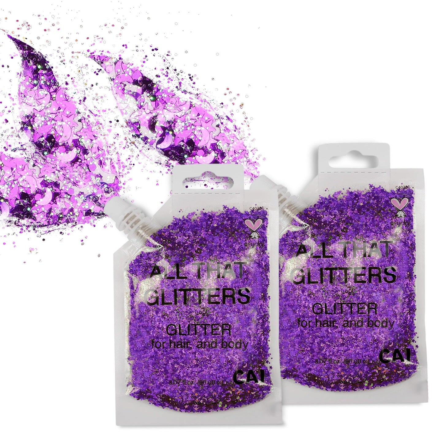 Body Glitter Gel- Face, Body & Hair (2 Pk Violet/Violet) Chunky Iridescent Holograph Stars & Moon, 6 oz | Cosmetic-Grade Makeup, Apply Without Glue, Easy to Take Off & Keep Skin Clean at Raves