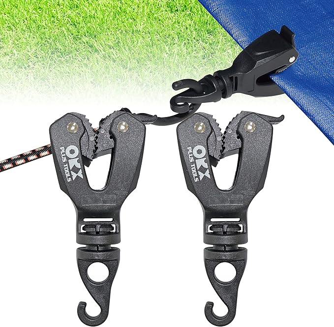ORXPLUS TOOLS 2pcs ONE-HANDED TARP CLIPS with HOOK Tent Clips Awning Clamp Set Tent Clamps for Camping Canopies, Car Cover, Winter Boat Cover, Pool Cover, Sun Shade