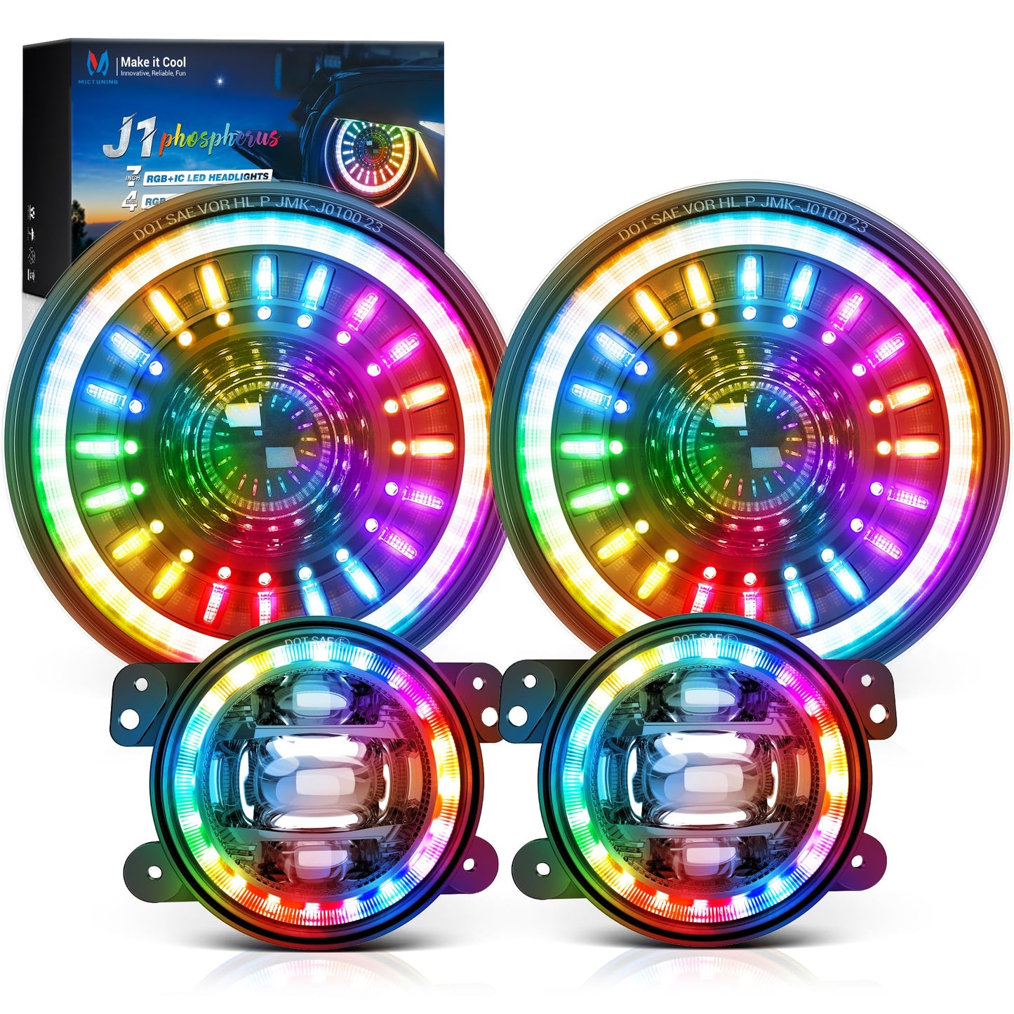 MICTUNING J1 RGB+IC 7-inch LED Headlights with Fog Lights, Multi-color Chasing App Control Compatible with 1997-2018 Jeep Wrangler TJ JK Chevy Ford GMC, DOT Approved, Anti-glare 1000% Brighter