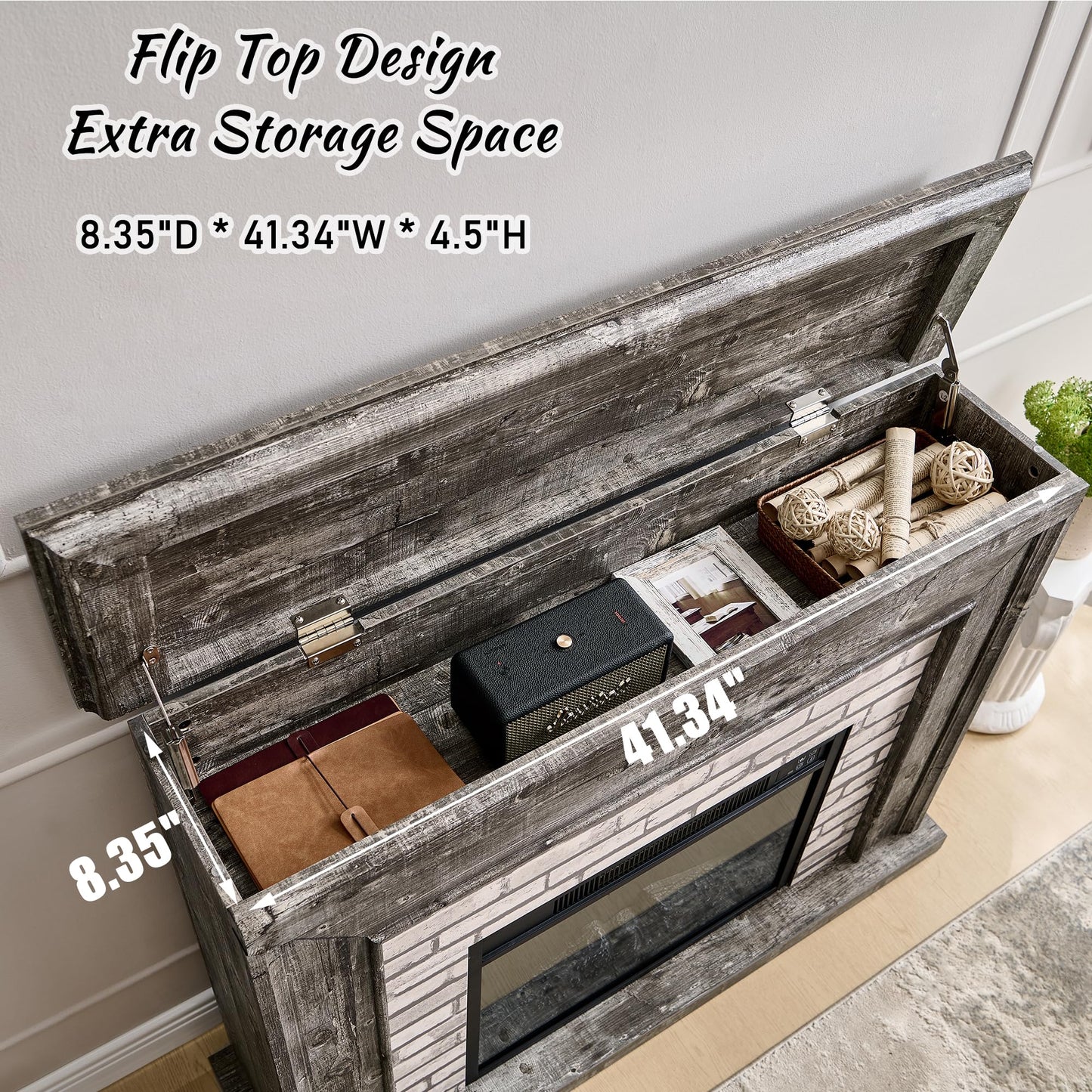 Aitjunz 45" Flip Top Electric Fireplace with Mantel, Electric Fireplace Heater, TV Stand with Freestanding Electric Fireplaces, Remote Control, Adjustable Flame Level for Living Room (Light Grey)