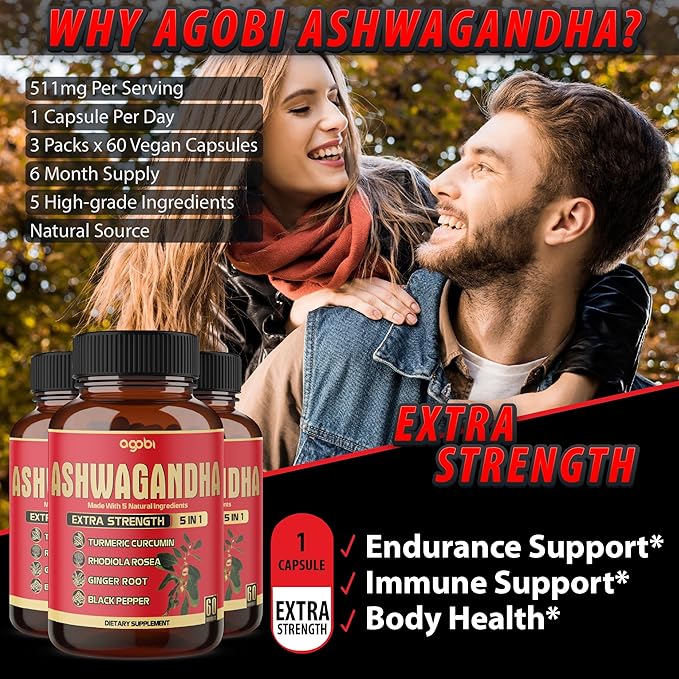 3 Packs 60 Capsules - Ashwagandha Supplement 5200mg - 5in1 with Ginger, Turmeric, Rhodiola Rosea & Black Pepper - Stamina & Body Health Support - 6-Month Supply