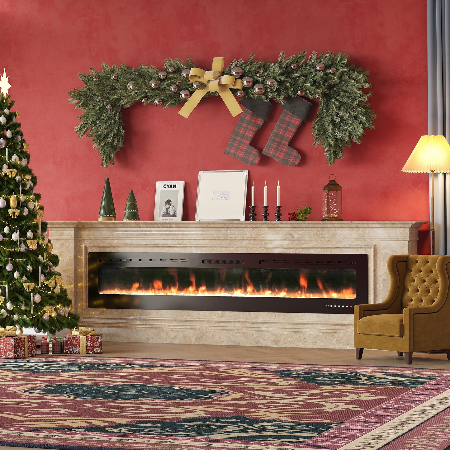 HOMTHING 80" Electric Fireplace Wall Mounted & Recessed, 750W/1500W Adjustable Heater with Remote & Touch Control, 8H Timer, Quiet Operation Electric Fire Place for Living Room Bedroom (Black)