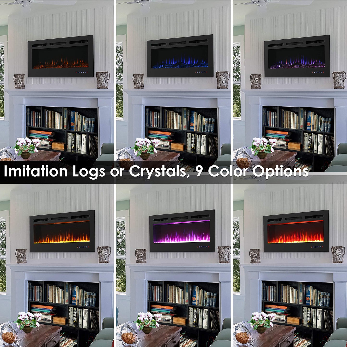 Sunnydaze Modern Flame Indoor Electric Fireplace Insert - 9 Color Wall-Mounted Fireplace Heater - 40-Inch