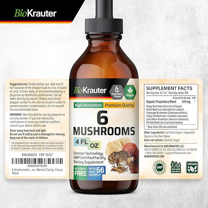 BIO KRAUTER 6 Mushrooms Supplement 6-in-1 - Lions Mane, Shiitake,Turkey Tail, Cordyceps, Reishi & Chaga Liquid Extract - Mushroom Complex Tincture - Vegan Drops 4 Fl.Oz.