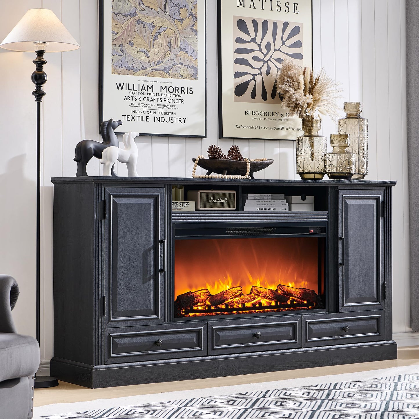 ACCOHOHO Fireplace TV Stand for 80 Inch TV, 35.7" Tall Farmhouse Entertainment Center W/36'' Electric Fireplace, Media Console with Large Storage Cabinets and Drawers for Living Room, Black