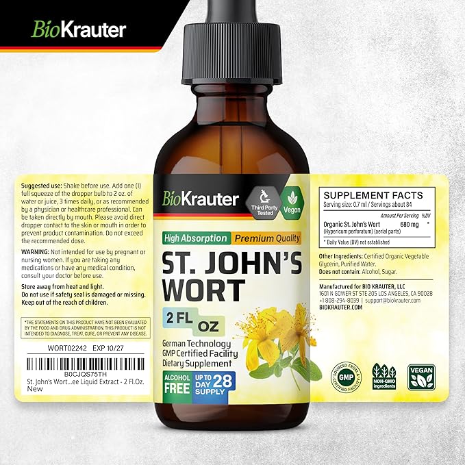 BIO KRAUTER St John's Wort Tincture - Hypericum Perforatum Liquid Extract for Mood Support - High Absorption - Vegan Drops 2 Fl.Oz.