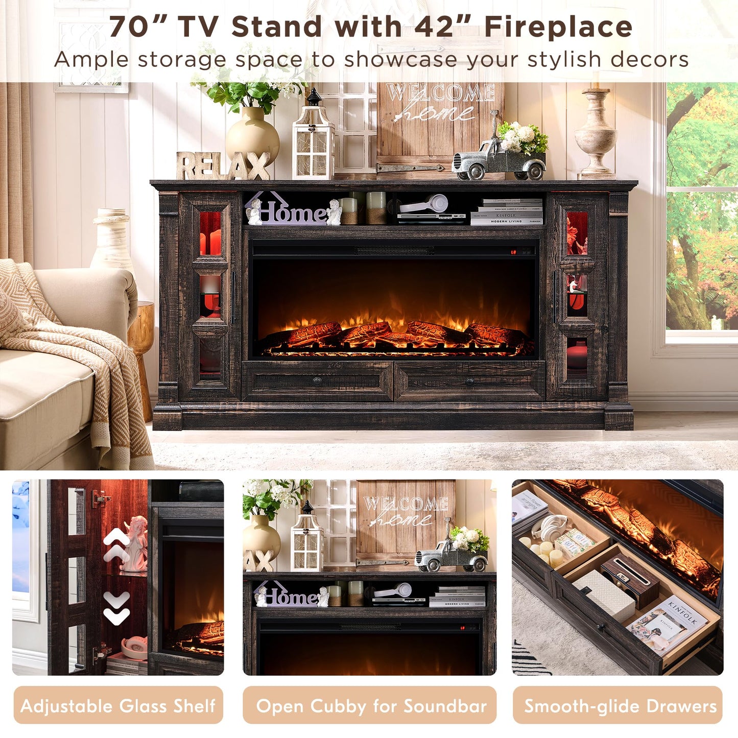 OKD TV Stand with Fireplace for up-to-80 TV, Farmhouse 72" Entertainment Center with 42" Electric Fireplace, TV Console with Glass Door Cabinets & Drawers for Living Room, Dark Rustic Oak