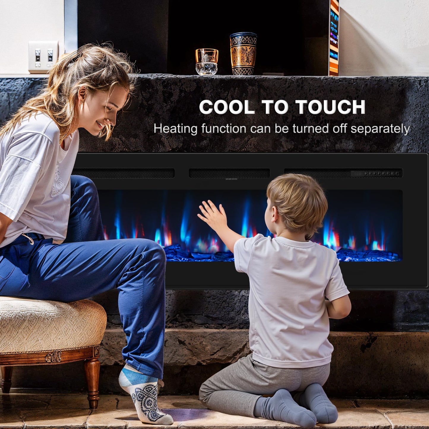 Manastin 50 inch Electric Fireplace in-Wall Recessed and Wall Mounted with Remote Control, 1500/750W Fireplace Heater (60-99°F Thermostat) with 12 Adjustable Color, Timer, Log and Crystal