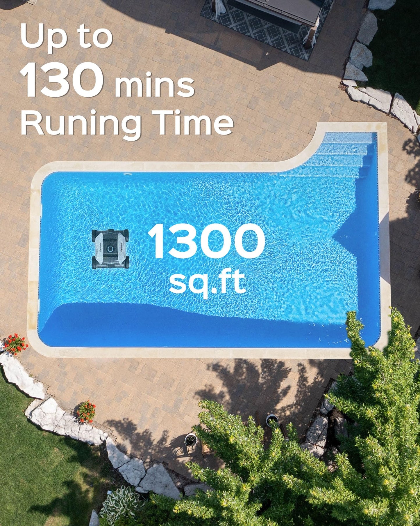 Cordless Robotic Pool Vacuum, Above Ground Pool Vacuum,Powerful Suction&130mins Running Time,6600mAh Battery, Ideal for Flat Above Pools Up to 1300 Sq.ft