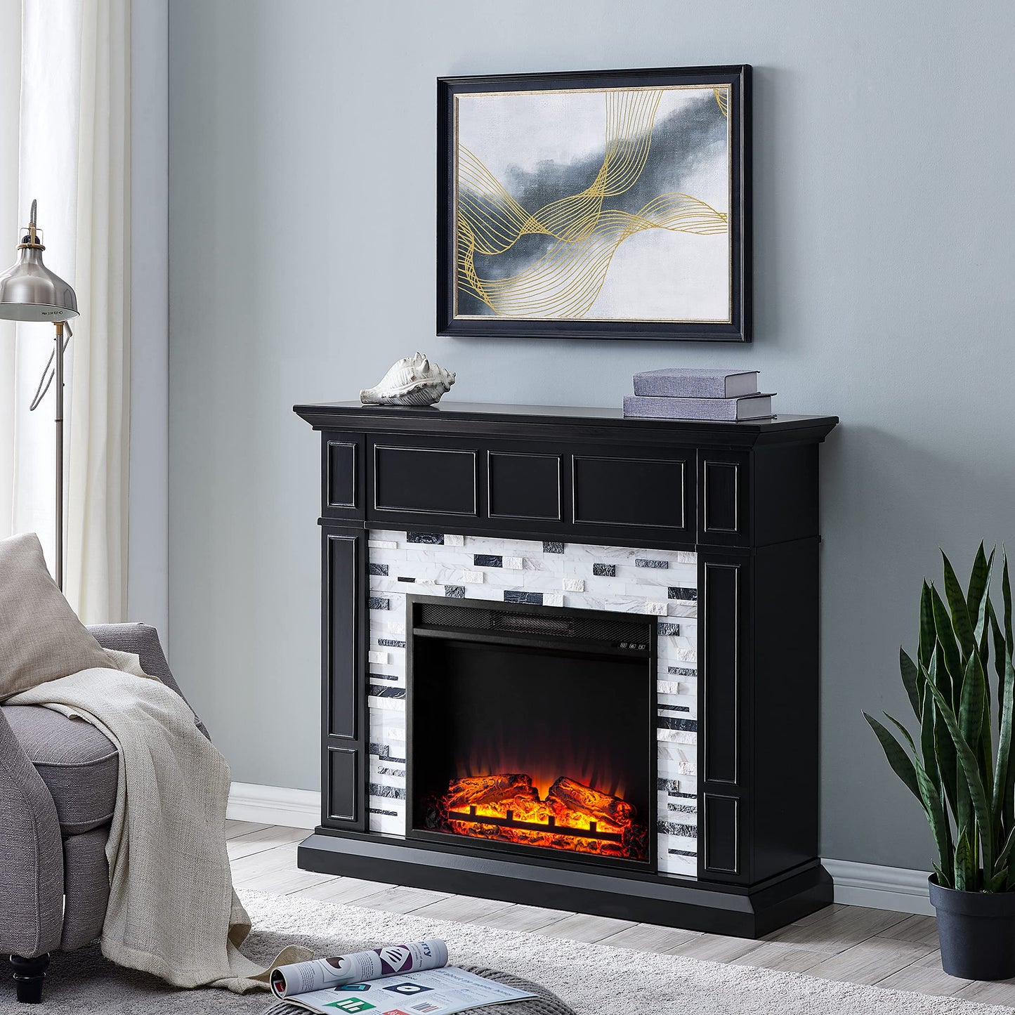 SEI Furniture Drovling Marble Electric Fireplace, Black