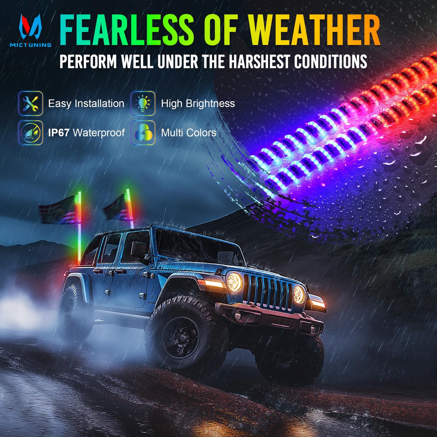 MICTUNING 2 Pack 4ft COB Whip Lights 360° Spring Base with 8 Flags, Remote Control, Rocker Switch RGB+IC Chasing/Dancing Light for ATV UTV RZR Can-Am