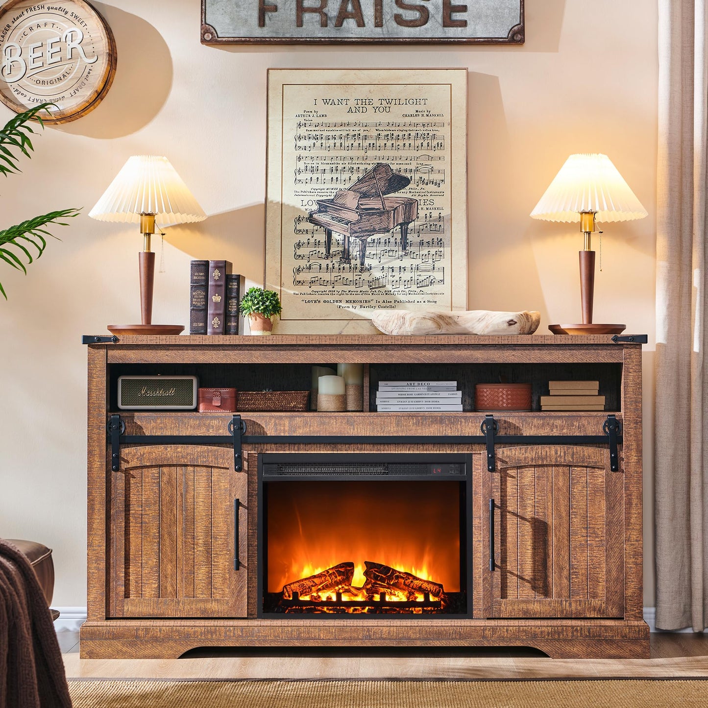 OKD Farmhouse Fireplace TV Stand for 70+ Inch TV, 33" Tall Highboy Entertainment Center with 23" Electric Fireplace, Rustic Media Console w/Sliding Arched Door for Living Room,Reclaimed Barnwood