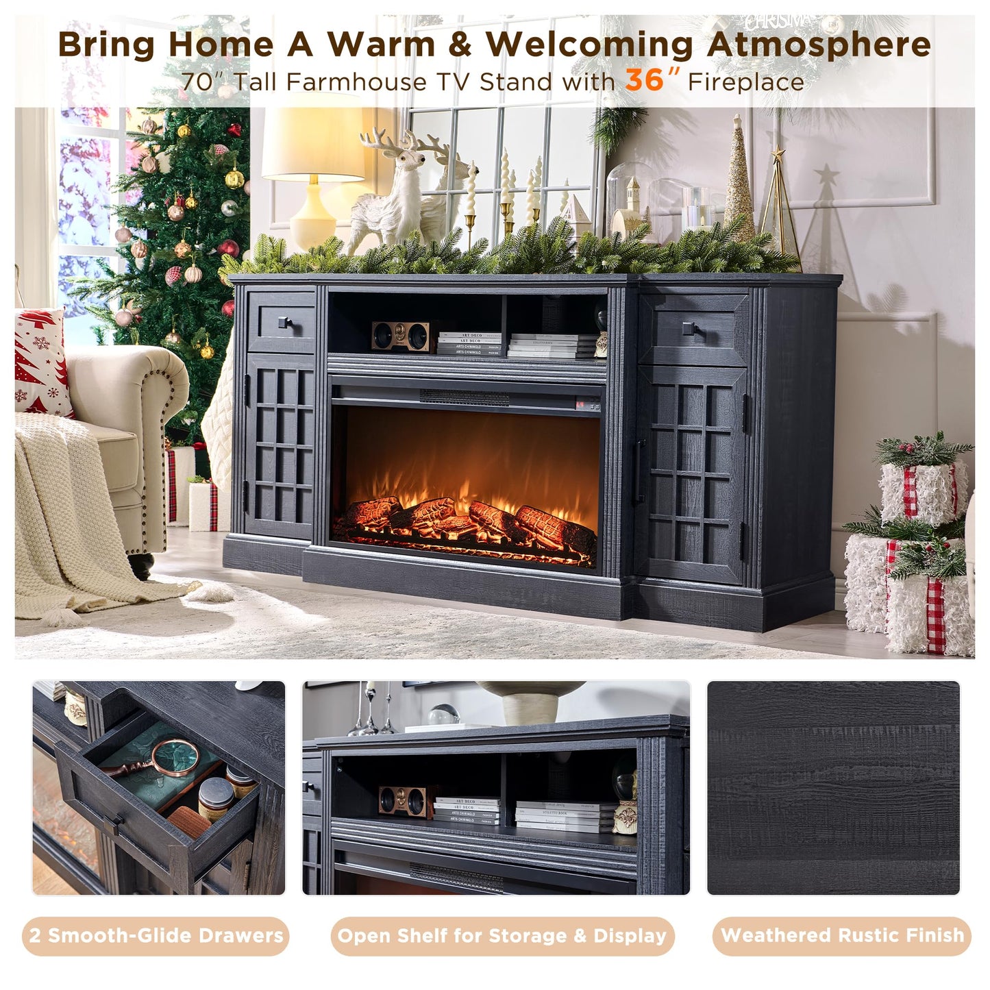 JXQTLINGMU TV Stand with Fireplace for up-to-80 TV, Farmhouse 70" Entertainment Center with 36" Electric Fireplace, TV Console with Grid-Door Cabinets & Drawers for Living Room, Black